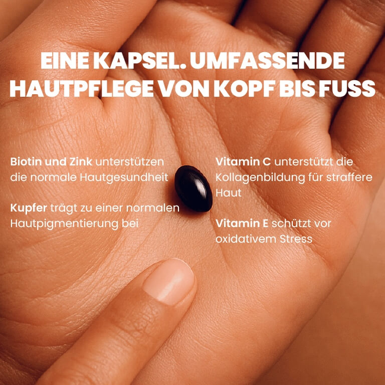 Eine Kapsel für ganzheitliche Hautpflege – mit Biotin, Zink, Kupfer, Vitamin C und E für gesunde, straffe und geschützte Haut.