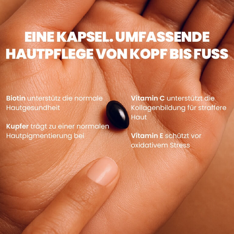 Eine Kapsel für ganzheitliche Hautpflege – mit Biotin, Zink, Kupfer, Vitamin C und E für gesunde, straffe und geschützte Haut.